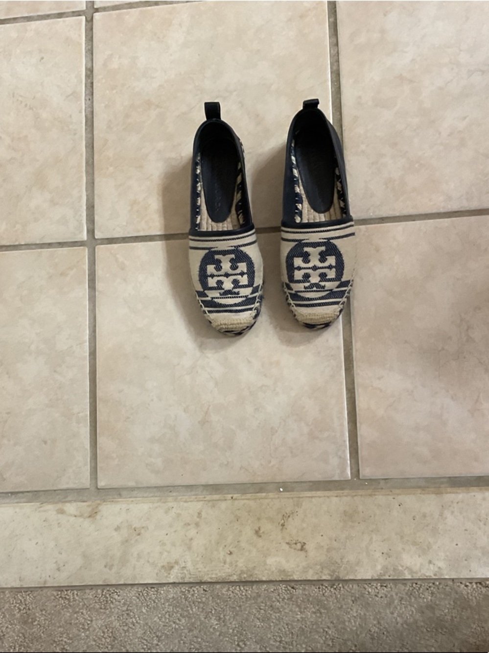 Tory Burch Navy and Cream Logo Espadrille Slip-Ons